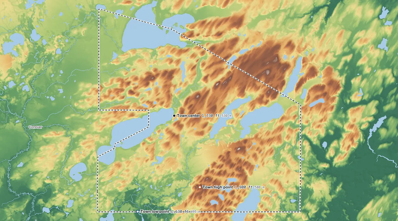 Topographic elevation map of Phelps, Wisconsin, shaded from 1,630 ft on the south side to 1,900 ft on the south side
