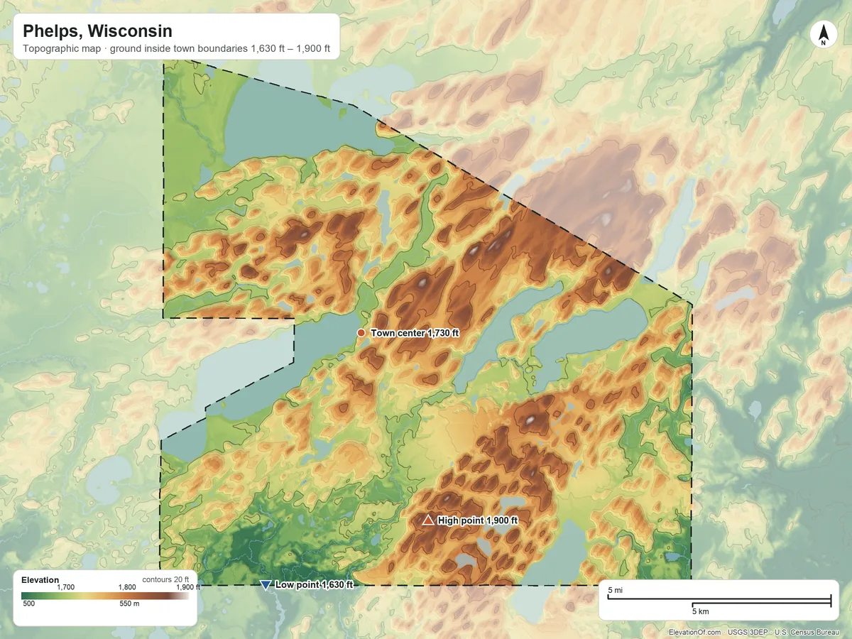 Topographic elevation map of Phelps, Wisconsin, shaded from 1,630 ft on the south side to 1,900 ft on the south side