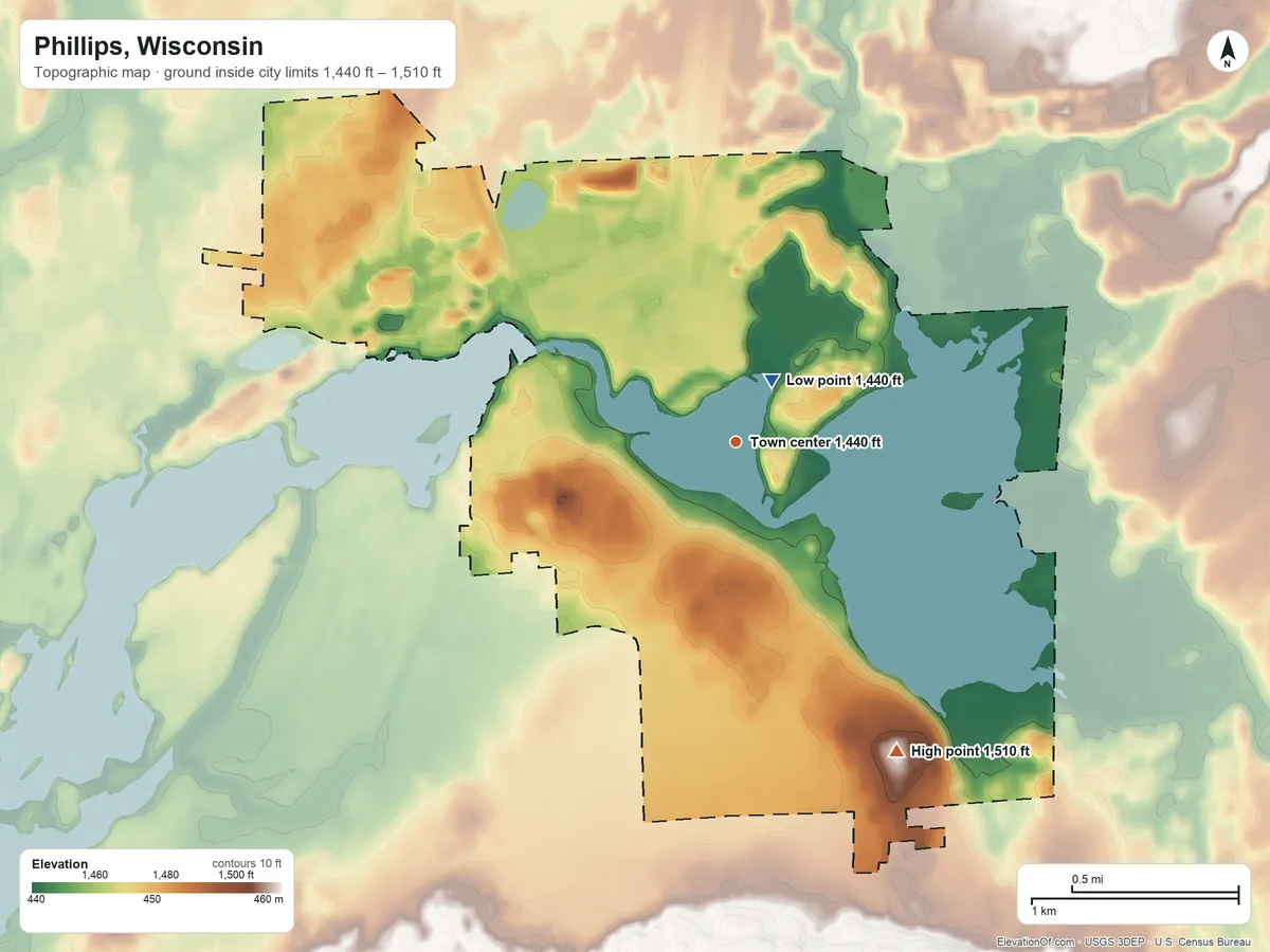Topographic elevation map of Phillips, Wisconsin, shaded from 1,440 ft near the middle to 1,510 ft on the southeast side