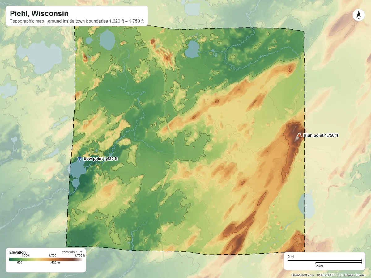 Topographic elevation map of Piehl, Wisconsin, shaded from 1,620 ft on the southwest side to 1,750 ft on the southeast side