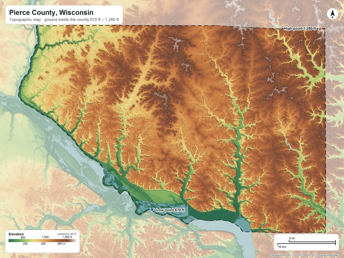Topographic elevation map of Pierce County, Wisconsin, shaded from 670 ft on the south side to 1,280 ft on the northeast side