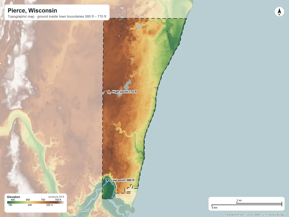 Topographic elevation map of Pierce, Wisconsin, shaded from 580 ft on the south side to 770 ft on the west side