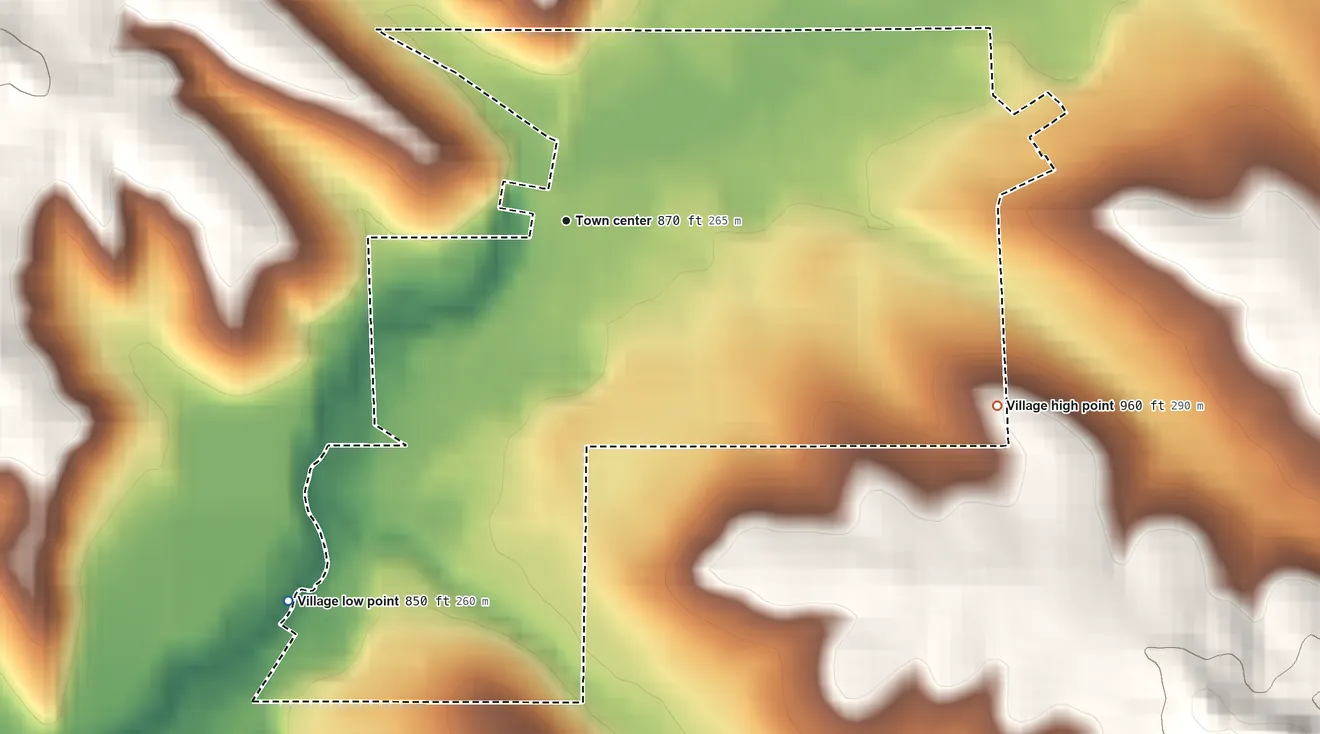Topographic elevation map of Pigeon Falls, Wisconsin, shaded from 850 ft on the southwest side to 960 ft on the southeast side