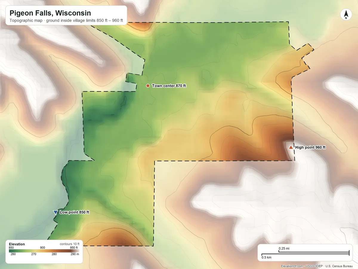 Topographic elevation map of Pigeon Falls, Wisconsin, shaded from 850 ft on the southwest side to 960 ft on the southeast side