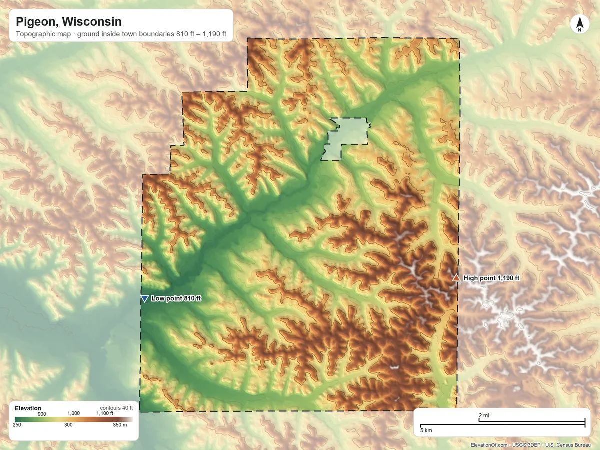 Topographic elevation map of Pigeon, Wisconsin, shaded from 810 ft on the west side to 1,190 ft on the east side