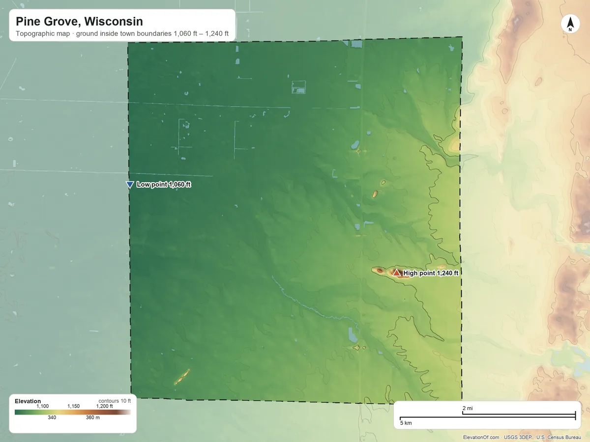 Topographic elevation map of Pine Grove, Wisconsin, shaded from 1,060 ft on the west side to 1,240 ft on Mosquito Bluff