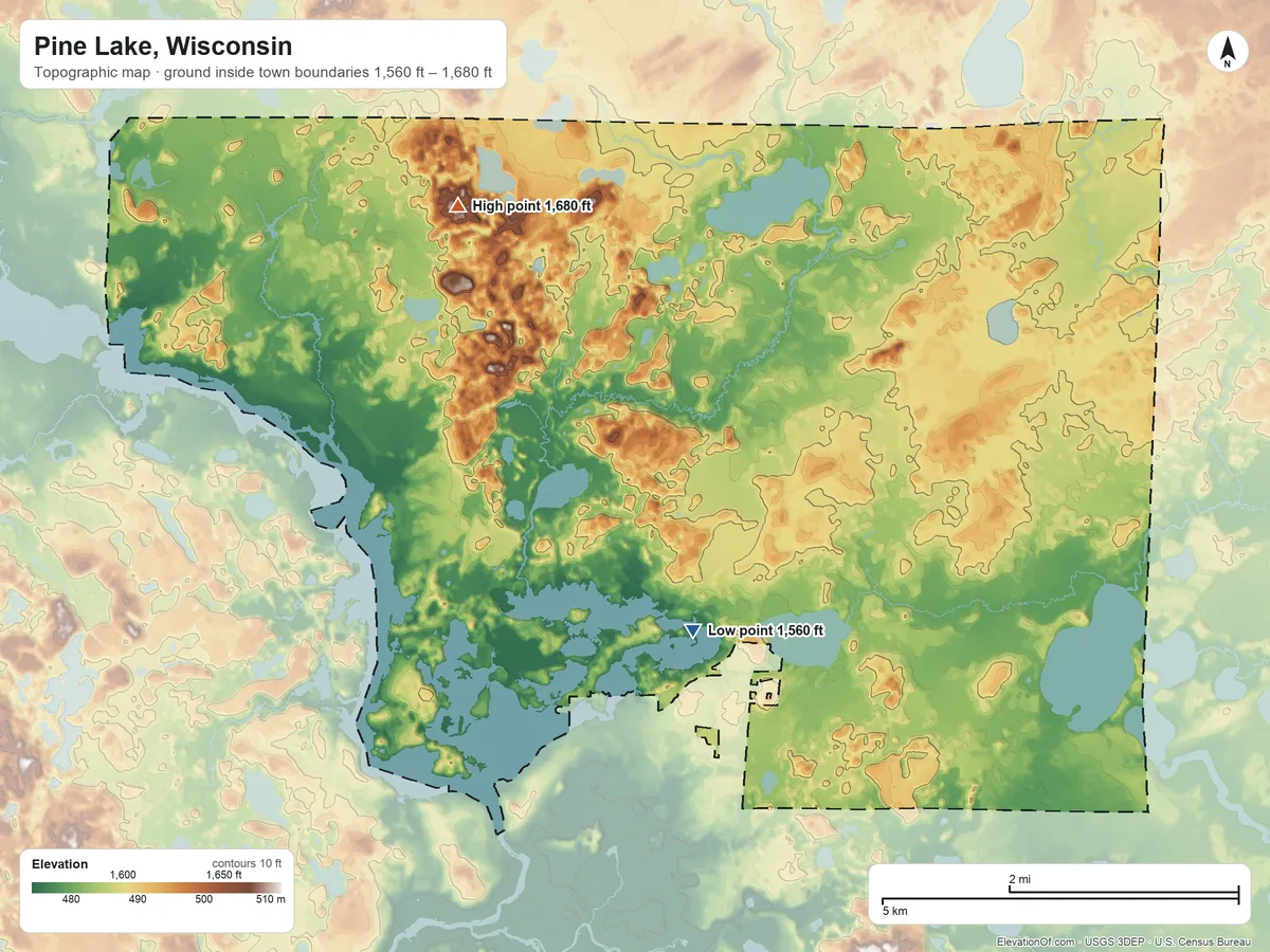Topographic elevation map of Pine Lake, Wisconsin, shaded from 1,560 ft near the middle to 1,680 ft on the northwest side