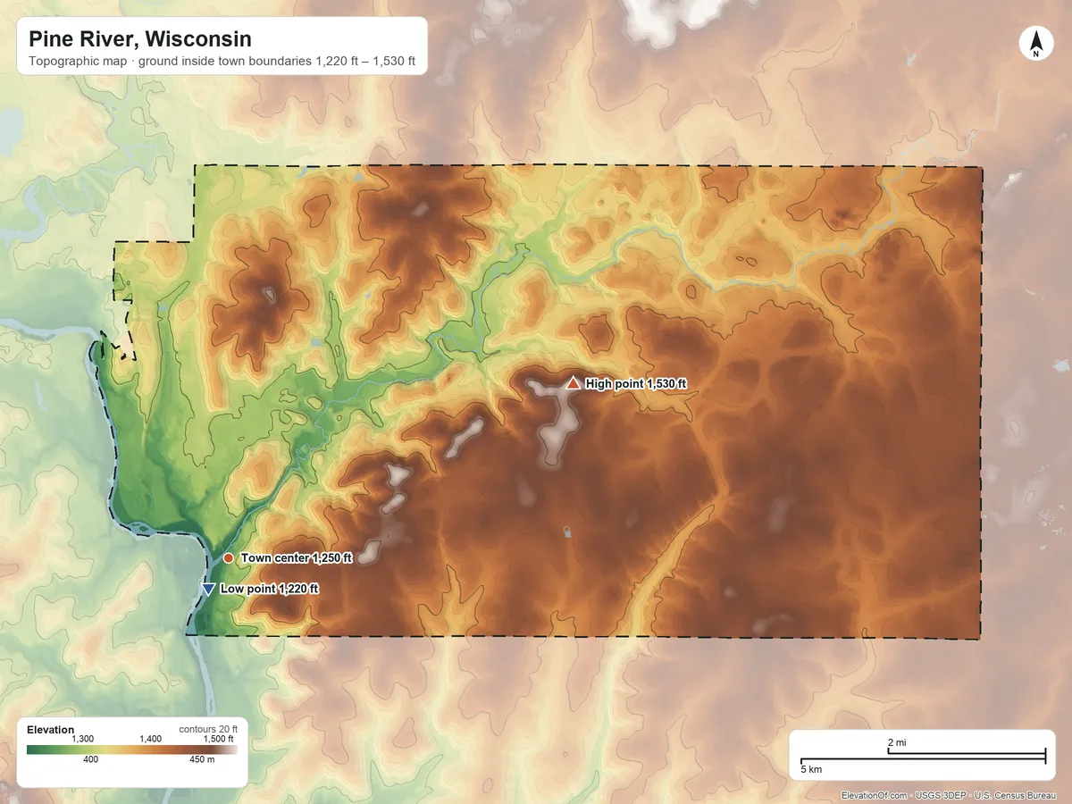 Topographic elevation map of Pine River, Wisconsin, shaded from 1,220 ft near the middle to 1,530 ft on the northeast side