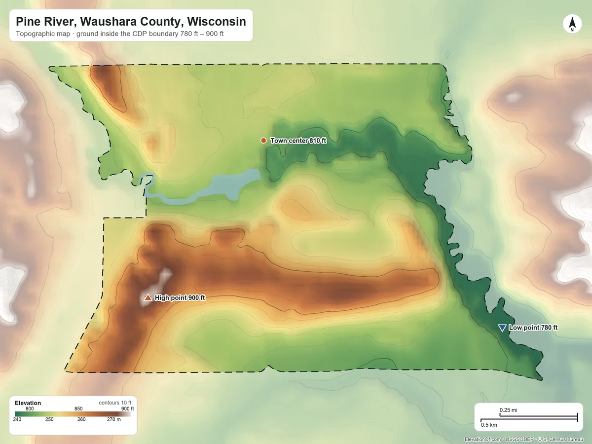 Topographic elevation map of Pine River, Waushara County, Wisconsin, shaded from 780 ft on the southeast side to 900 ft on the southwest side