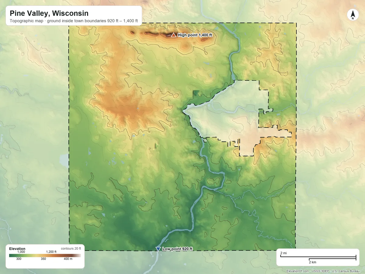 Topographic elevation map of Pine Valley, Wisconsin, shaded from 920 ft on the south side to 1,400 ft on the north side