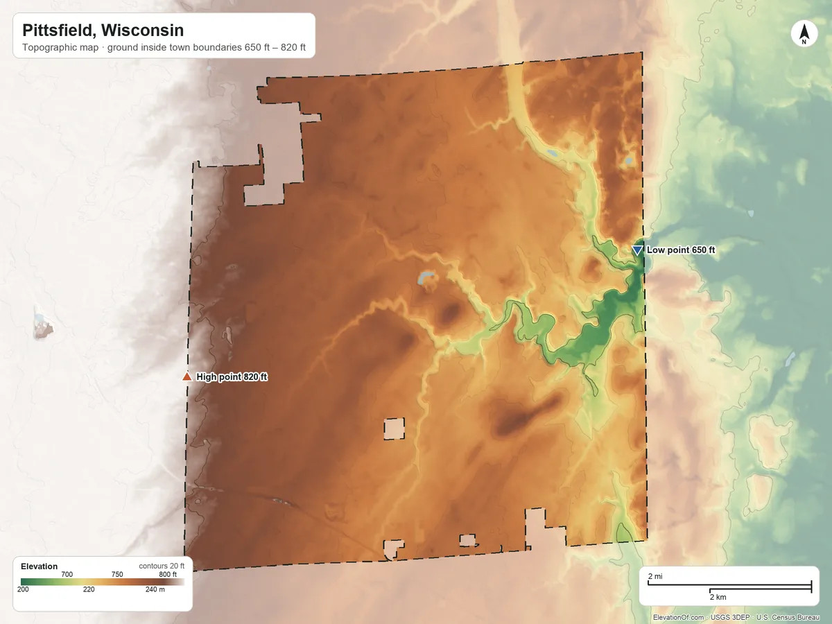 Topographic elevation map of Pittsfield, Wisconsin, shaded from 650 ft on the east side to 820 ft on the west side