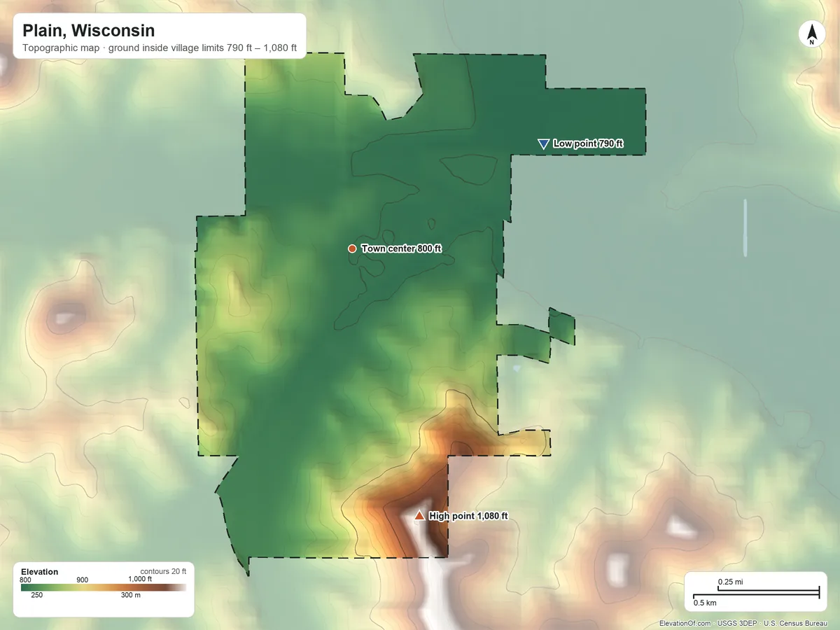 Topographic elevation map of Plain, Wisconsin, shaded from 790 ft on the northeast side to 1,080 ft on the south side