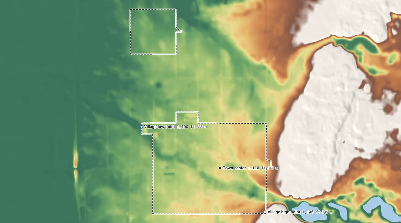 Topographic elevation map of Plainfield, Wisconsin, shaded from 1,100 ft on the northwest side to 1,140 ft on the southeast side