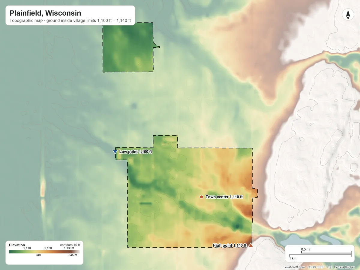 Topographic elevation map of Plainfield, Wisconsin, shaded from 1,100 ft on the northwest side to 1,140 ft on the southeast side