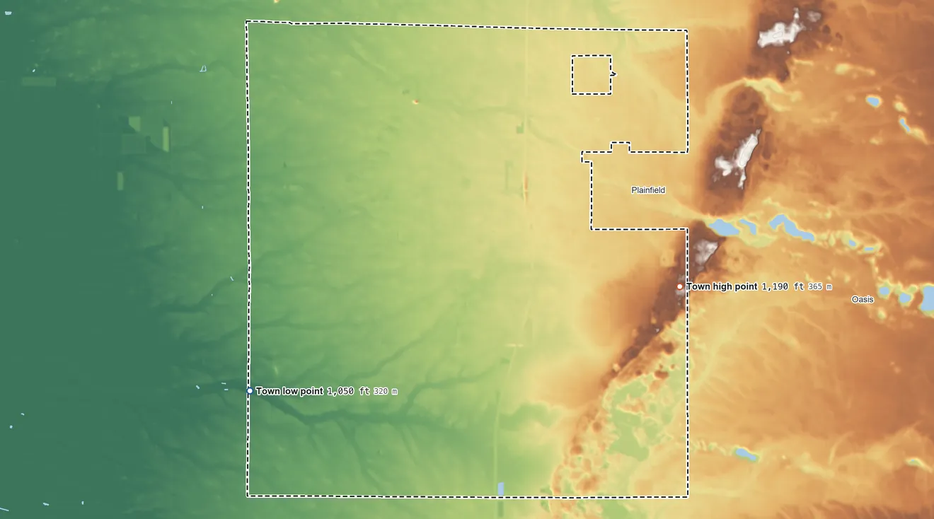 Topographic elevation map of Town of Plainfield, Wisconsin, shaded from 1,050 ft on the west side to 1,190 ft on the east side
