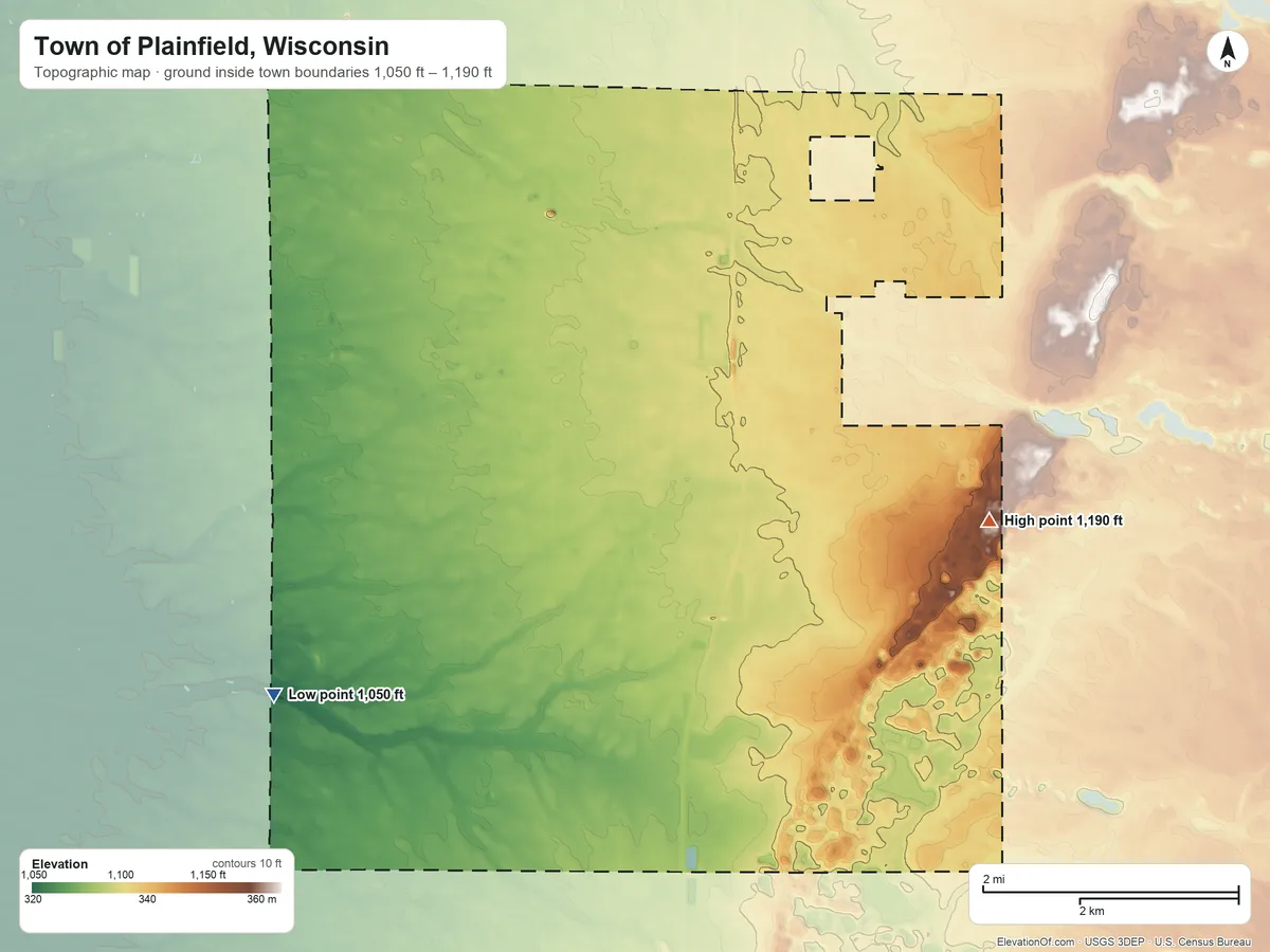 Topographic elevation map of Town of Plainfield, Wisconsin, shaded from 1,050 ft on the west side to 1,190 ft on the east side