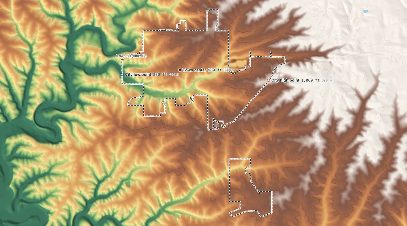 Topographic elevation map of Platteville, Wisconsin, shaded from 830 ft on the west side to 1,060 ft on the east side