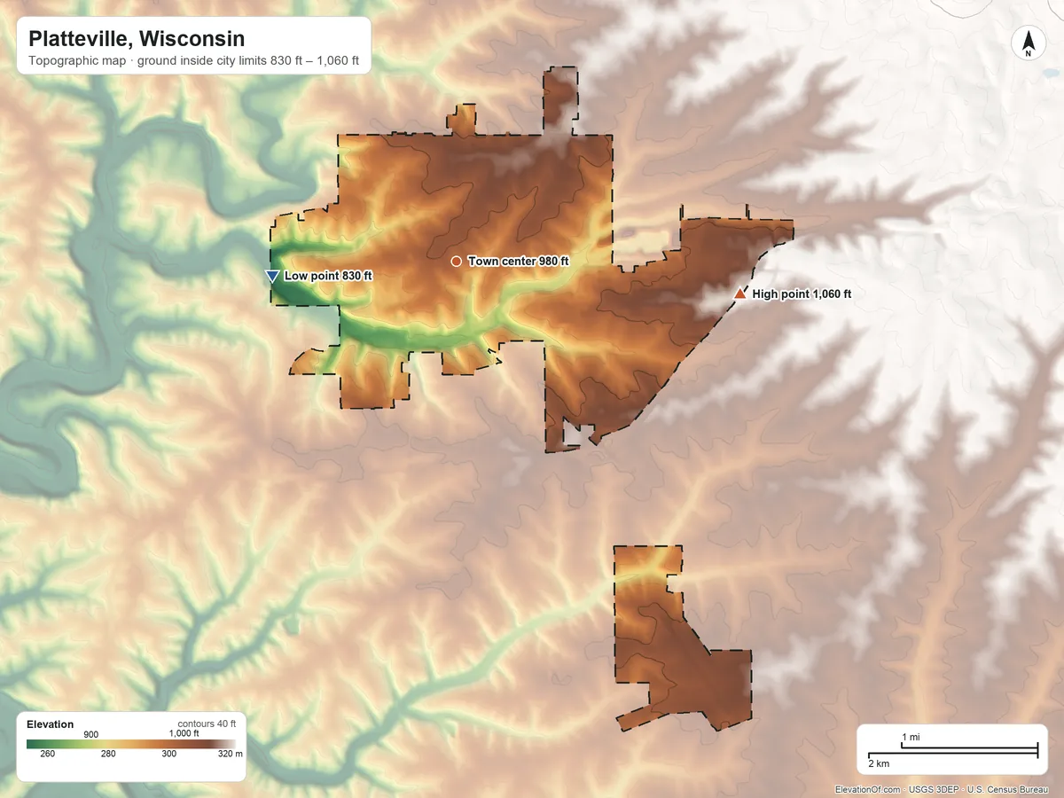 Topographic elevation map of Platteville, Wisconsin, shaded from 830 ft on the west side to 1,060 ft on the east side