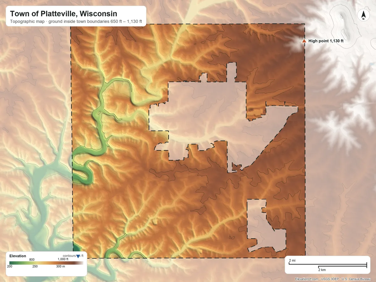 Topographic elevation map of Town of Platteville, Wisconsin, shaded from 650 ft on the southwest side to 1,130 ft on the northeast side