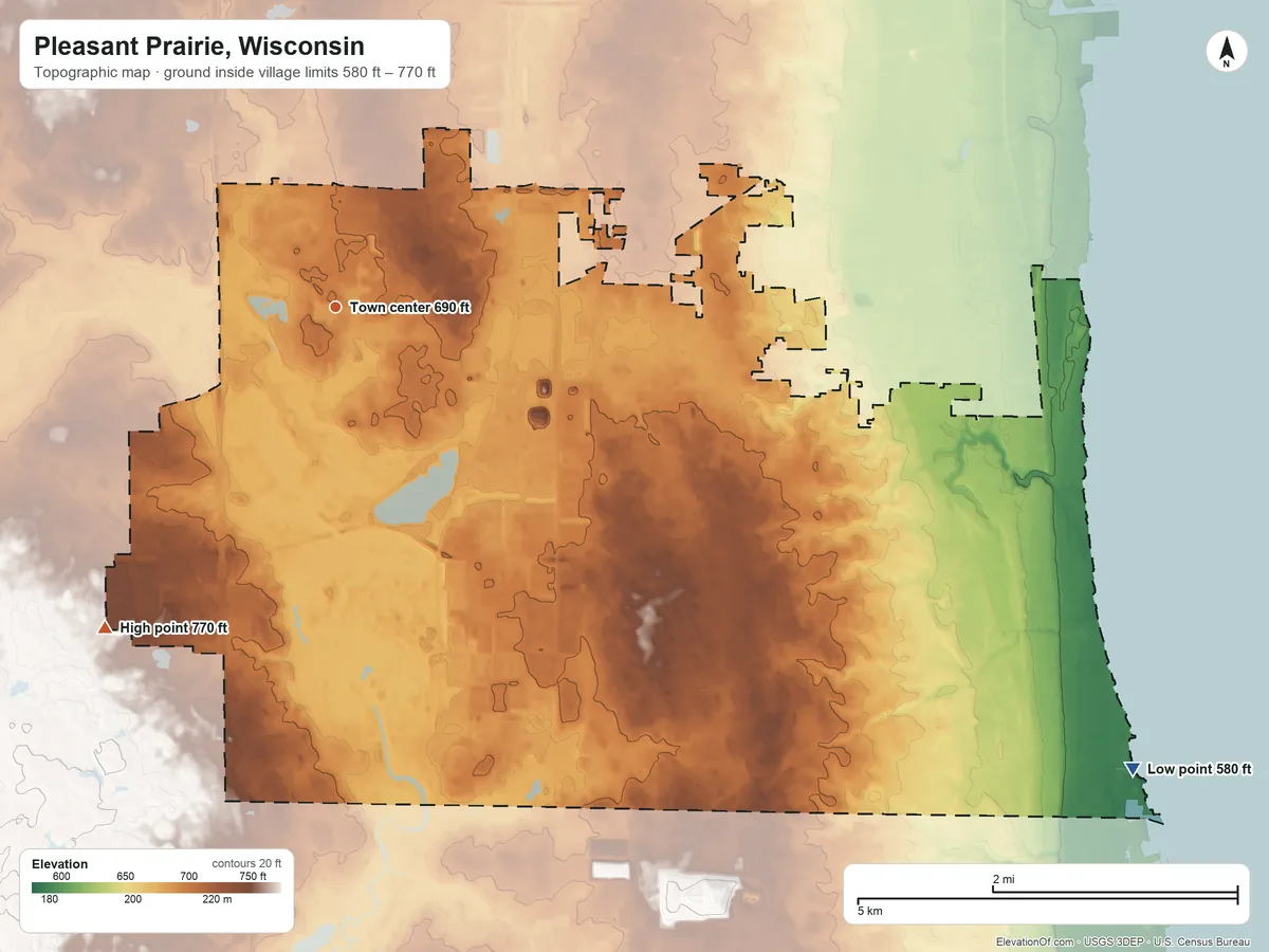 Topographic elevation map of Pleasant Prairie, Wisconsin, shaded from 580 ft on the southeast side to 770 ft on the southwest side