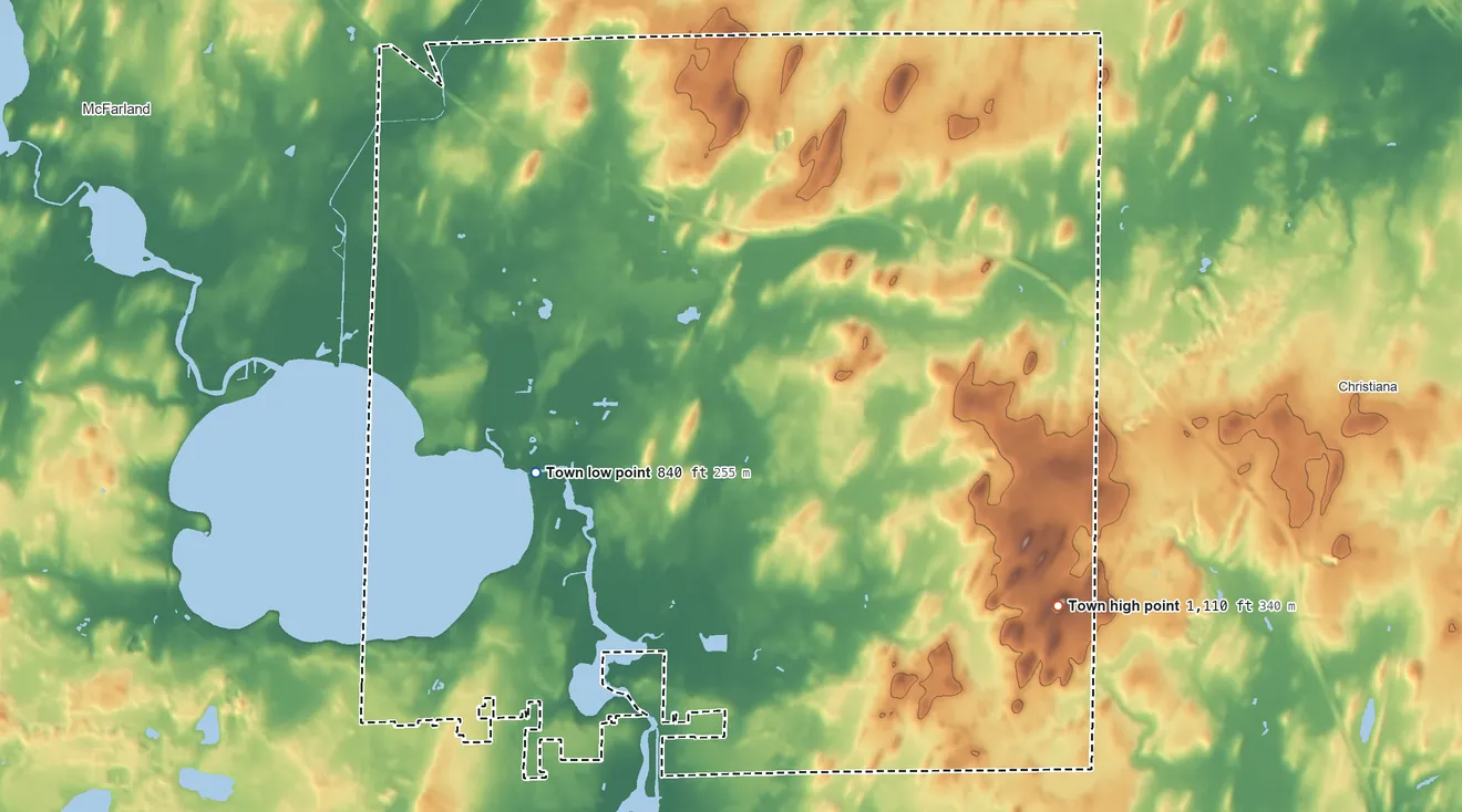 Topographic elevation map of Pleasant Springs, Wisconsin, shaded from 840 ft near the middle to 1,110 ft on the east side