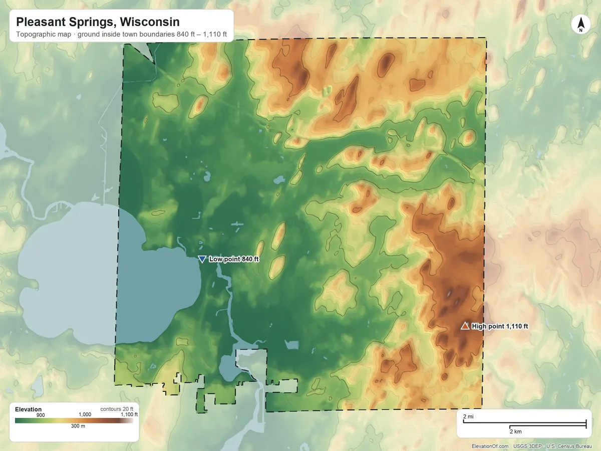 Topographic elevation map of Pleasant Springs, Wisconsin, shaded from 840 ft near the middle to 1,110 ft on the east side