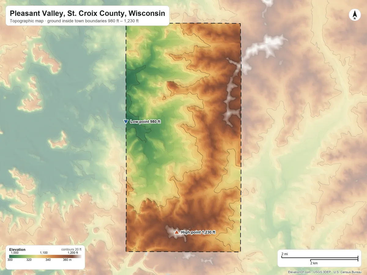 Topographic elevation map of Pleasant Valley, St. Croix County, Wisconsin, shaded from 980 ft on the west side to 1,230 ft on the south side