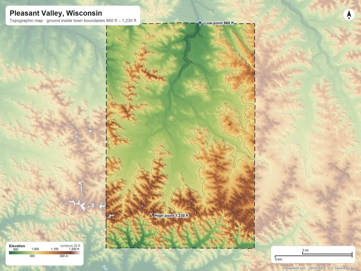 Topographic elevation map of Pleasant Valley, Wisconsin, shaded from 860 ft on the north side to 1,230 ft on the south side