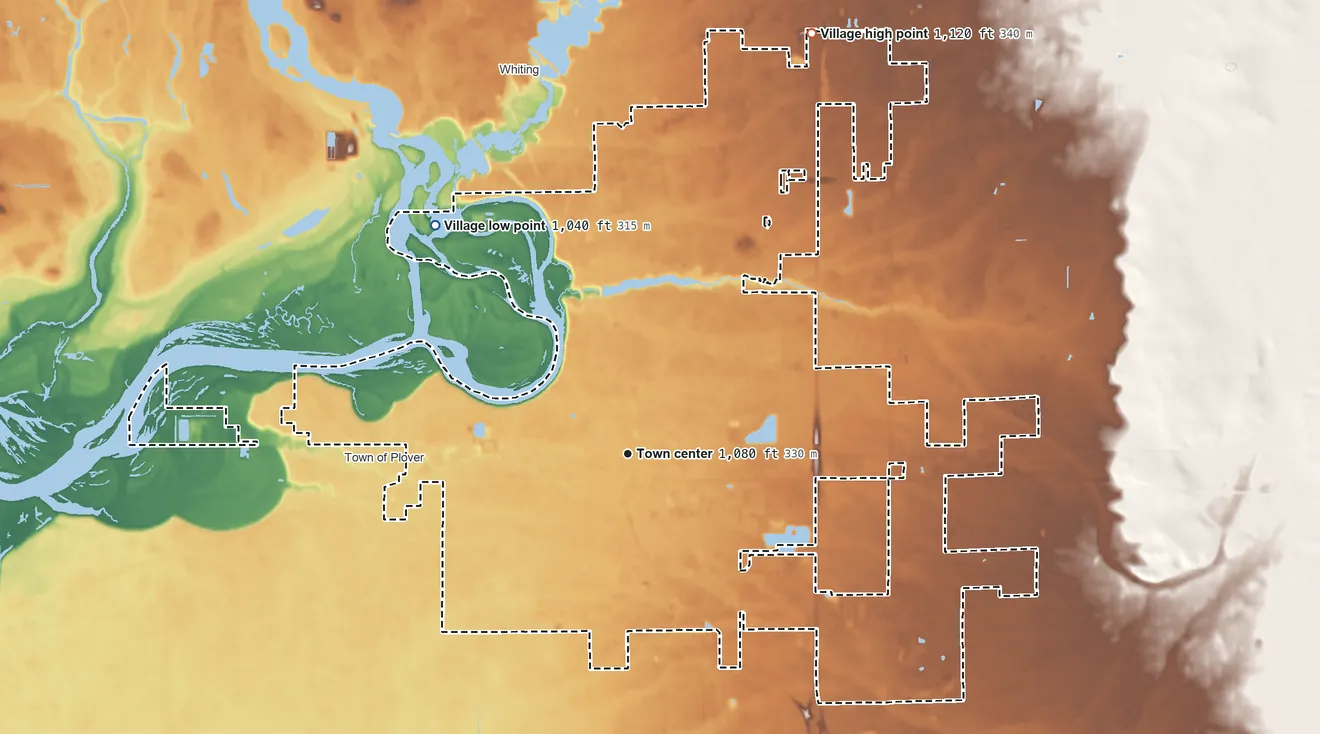 Topographic elevation map of Plover, Wisconsin, shaded from 1,040 ft on the northwest side to 1,120 ft on the northeast side