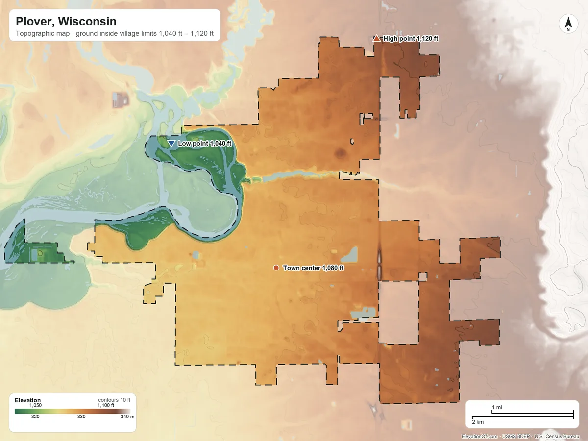 Topographic elevation map of Plover, Wisconsin, shaded from 1,040 ft on the northwest side to 1,120 ft on the northeast side