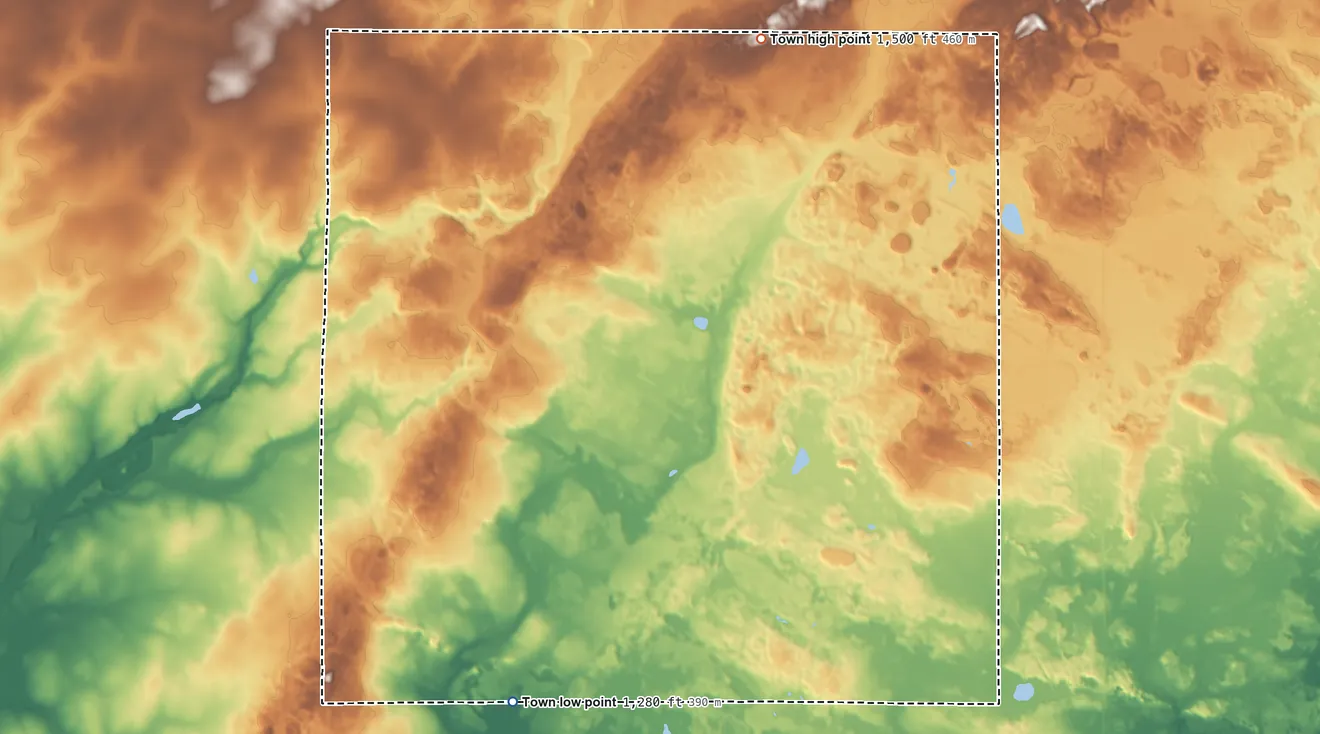 Topographic elevation map of Town of Plover, Wisconsin, shaded from 1,280 ft on the southwest side to 1,500 ft on the north side