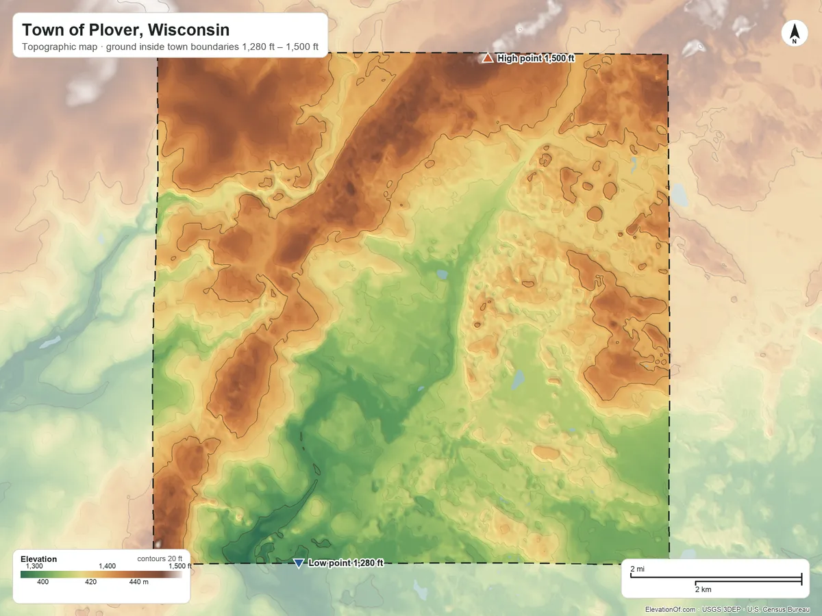 Topographic elevation map of Town of Plover, Wisconsin, shaded from 1,280 ft on the southwest side to 1,500 ft on the north side