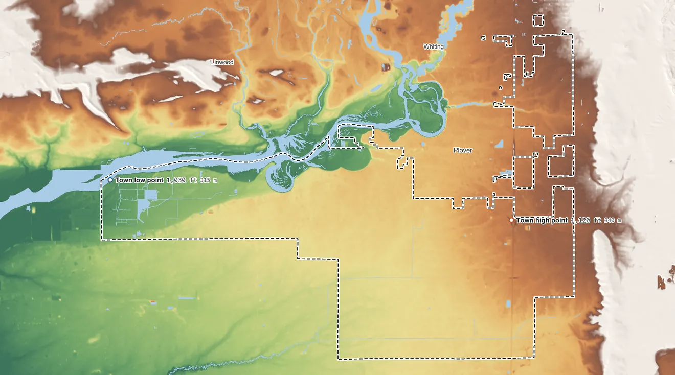 Topographic elevation map of Town of Plover, Wisconsin, shaded from 1,030 ft on the west side to 1,120 ft on the southeast side