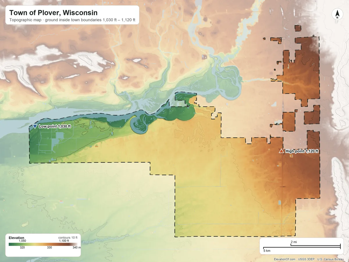 Topographic elevation map of Town of Plover, Wisconsin, shaded from 1,030 ft on the west side to 1,120 ft on the southeast side