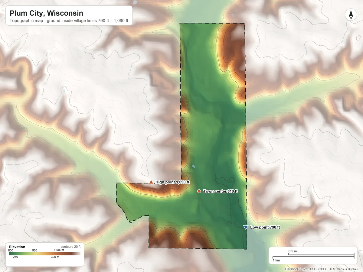Topographic elevation map of Plum City, Wisconsin, shaded from 790 ft on the southeast side to 1,090 ft on the west side