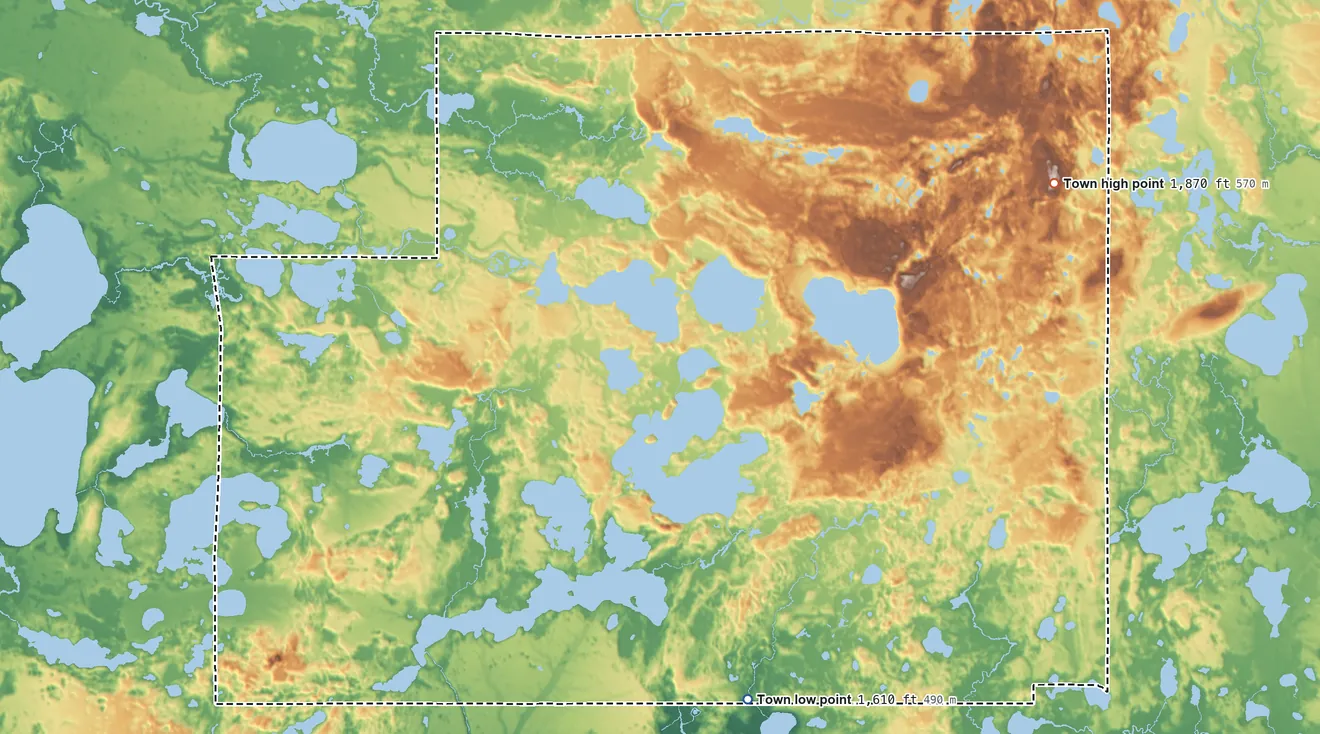 Topographic elevation map of Plum Lake, Wisconsin, shaded from 1,610 ft on the southeast side to 1,870 ft on the northeast side