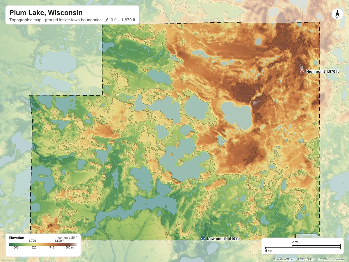 Topographic elevation map of Plum Lake, Wisconsin, shaded from 1,610 ft on the southeast side to 1,870 ft on the northeast side