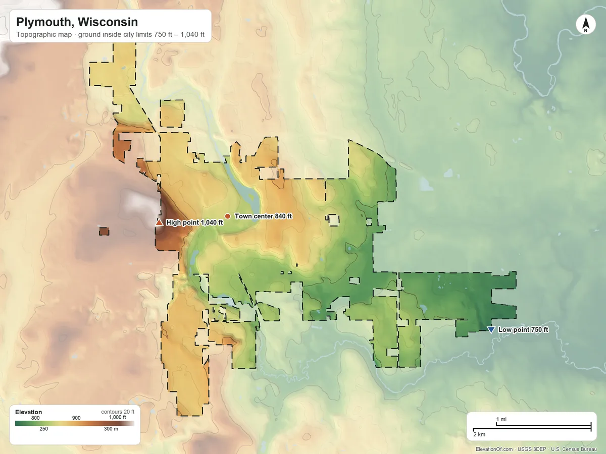 Topographic elevation map of Plymouth, Wisconsin, shaded from 750 ft on the southeast side to 1,040 ft on the west side