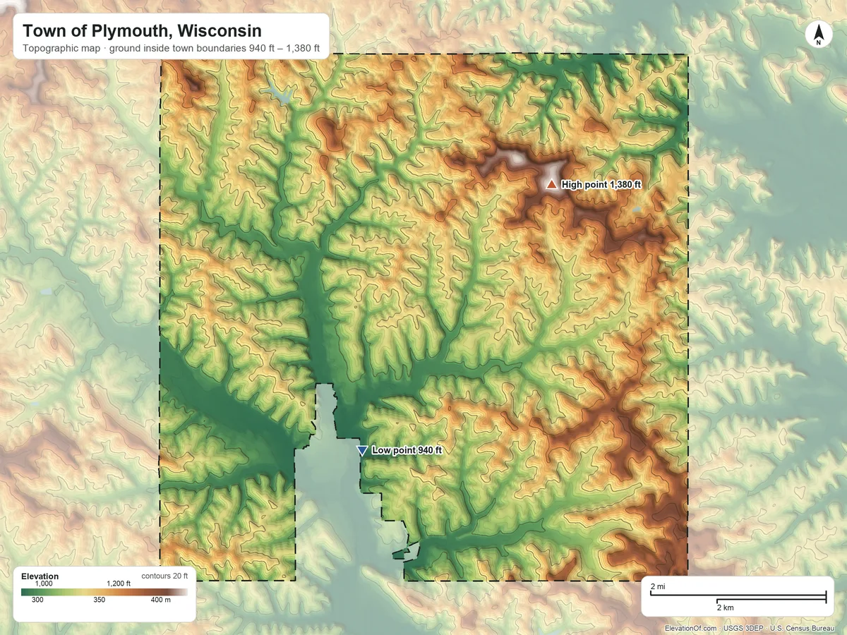 Topographic elevation map of Town of Plymouth, Wisconsin, shaded from 940 ft on the southwest side to 1,380 ft on Johnson Hill