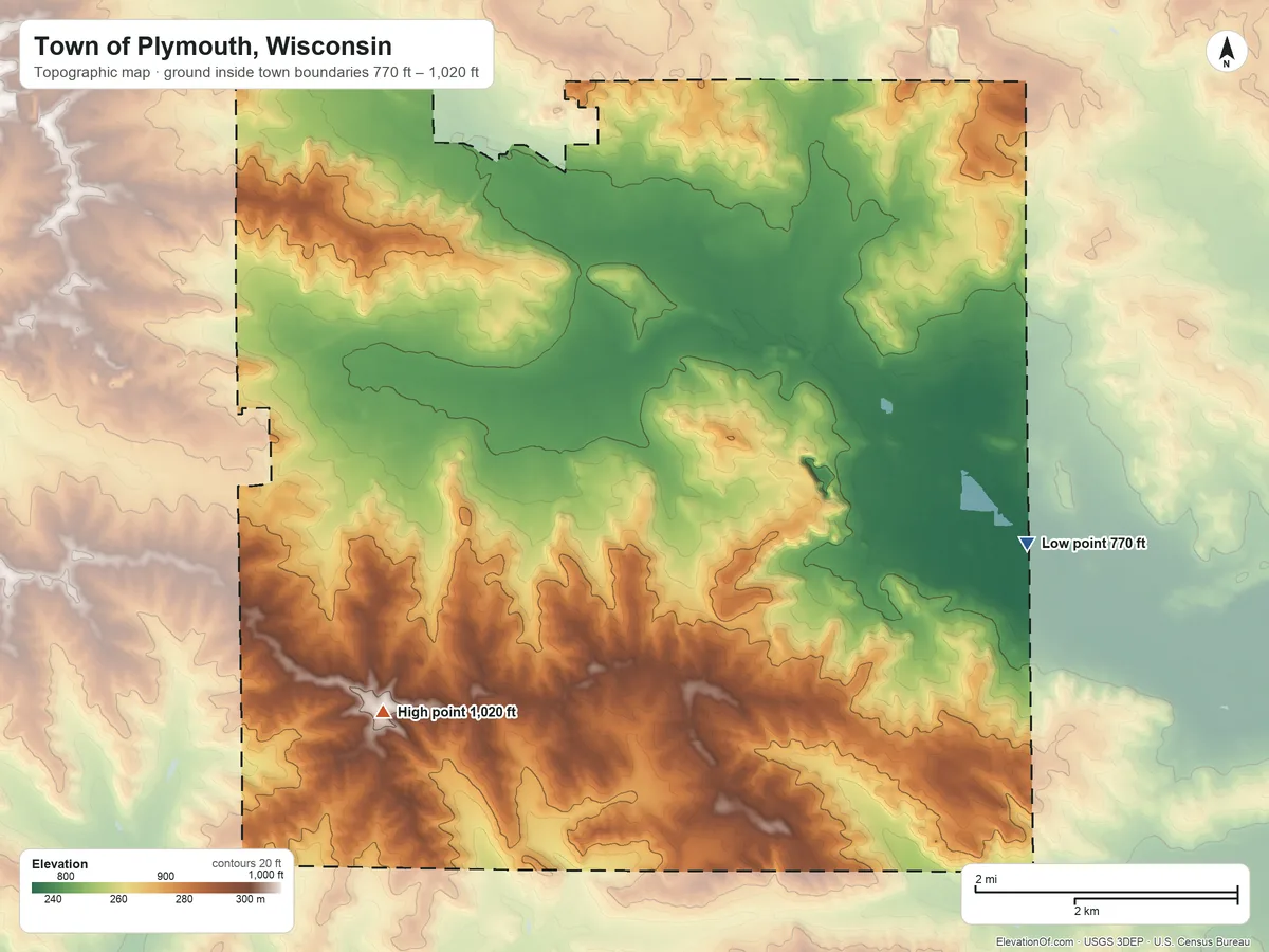 Topographic elevation map of Town of Plymouth, Wisconsin, shaded from 770 ft on the east side to 1,020 ft on the southwest side