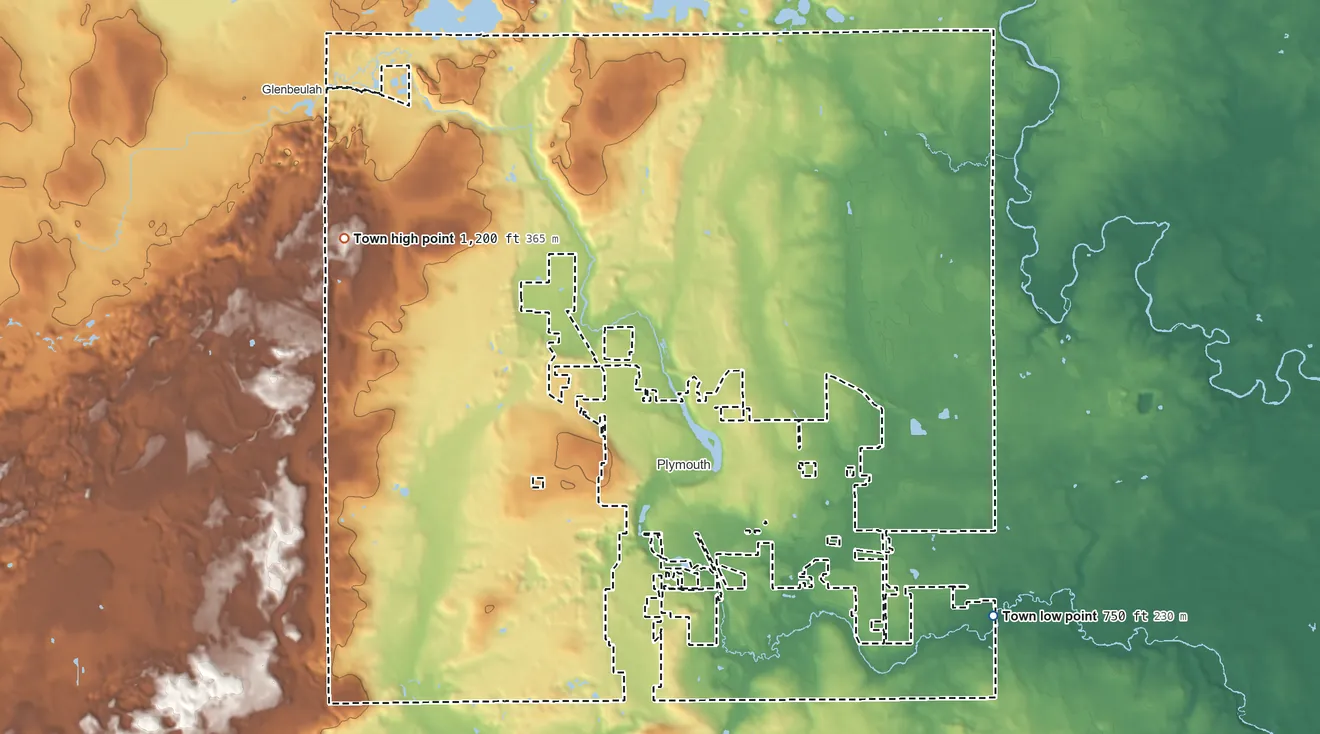 Topographic elevation map of Town of Plymouth, Wisconsin, shaded from 750 ft on the southeast side to 1,200 ft on the west side