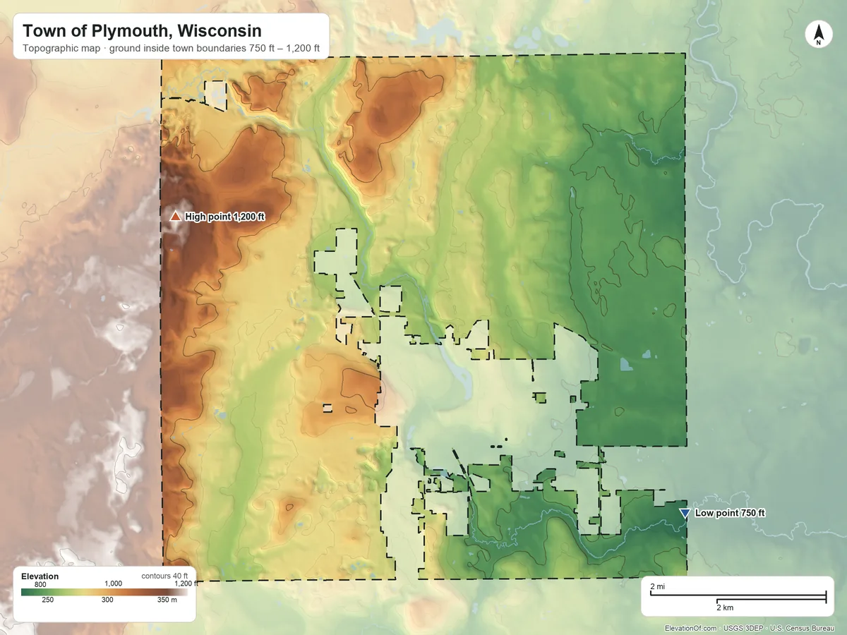 Topographic elevation map of Town of Plymouth, Wisconsin, shaded from 750 ft on the southeast side to 1,200 ft on the west side