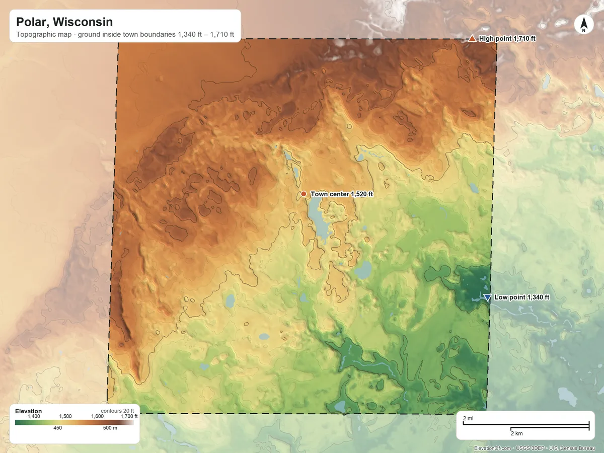 Topographic elevation map of Polar, Wisconsin, shaded from 1,340 ft on the southeast side to 1,710 ft on the northeast side