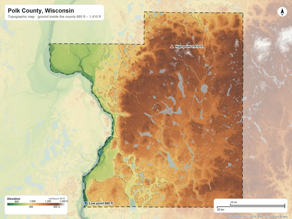 Topographic elevation map of Polk County, Wisconsin, shaded from 680 ft on the southwest side to 1,410 ft on the north side