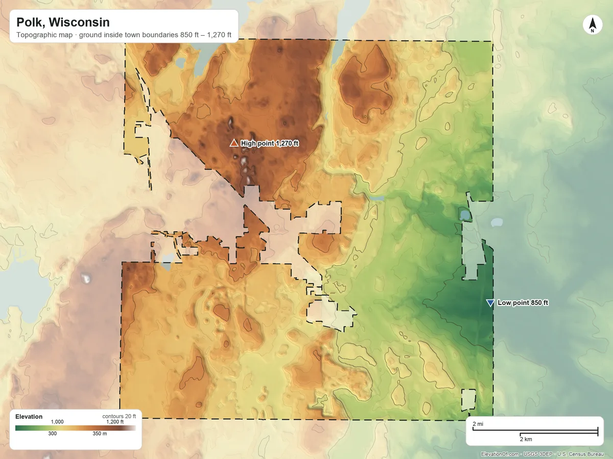 Topographic elevation map of Polk, Wisconsin, shaded from 850 ft on the southeast side to 1,270 ft on the northwest side