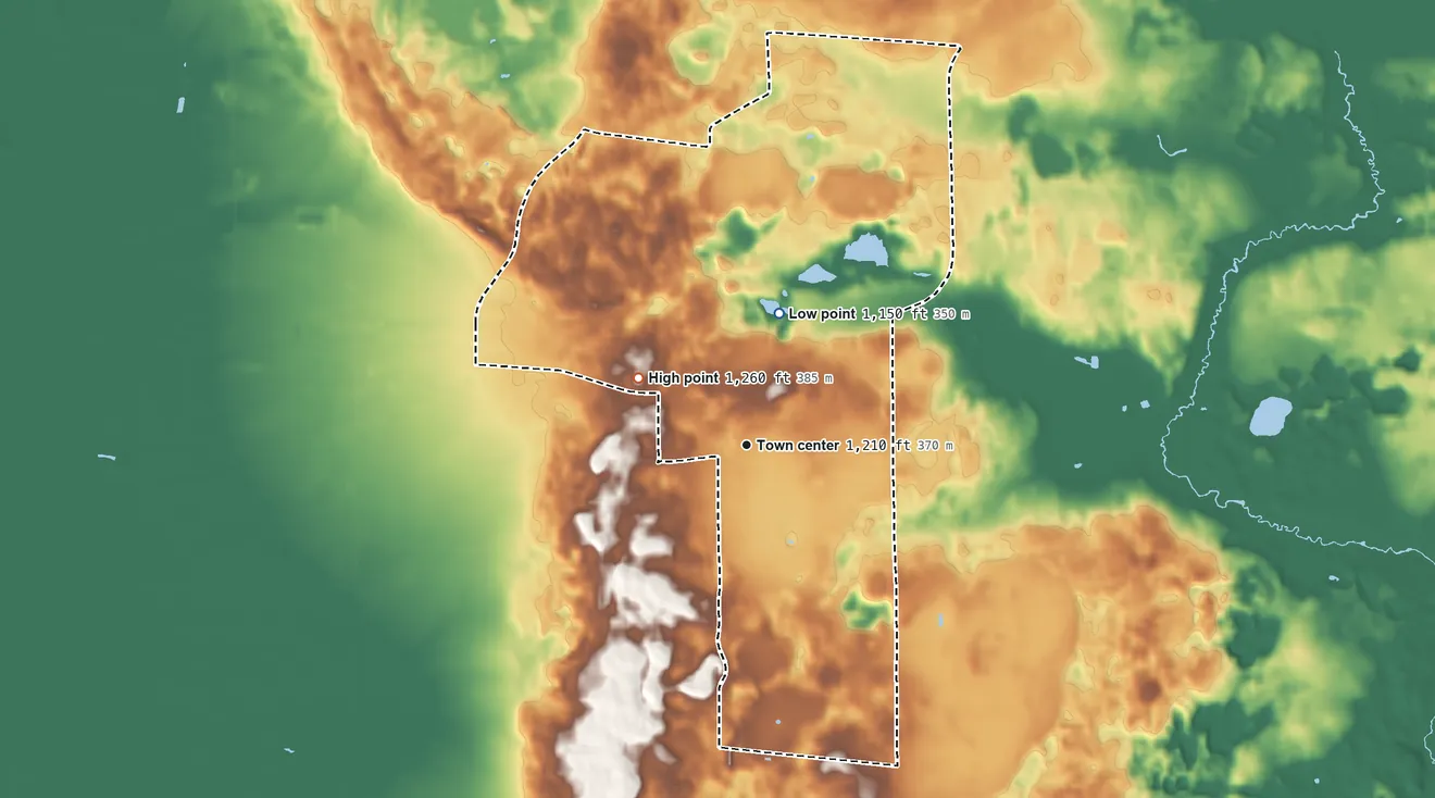 Topographic elevation map of Polonia, Wisconsin, shaded from 1,150 ft on the north side to 1,260 ft on the northwest side
