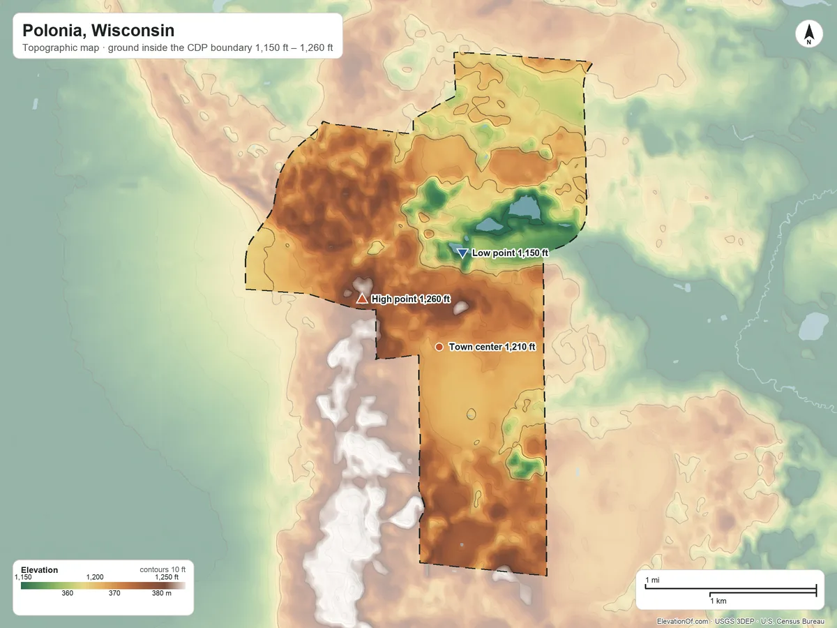 Topographic elevation map of Polonia, Wisconsin, shaded from 1,150 ft on the north side to 1,260 ft on the northwest side
