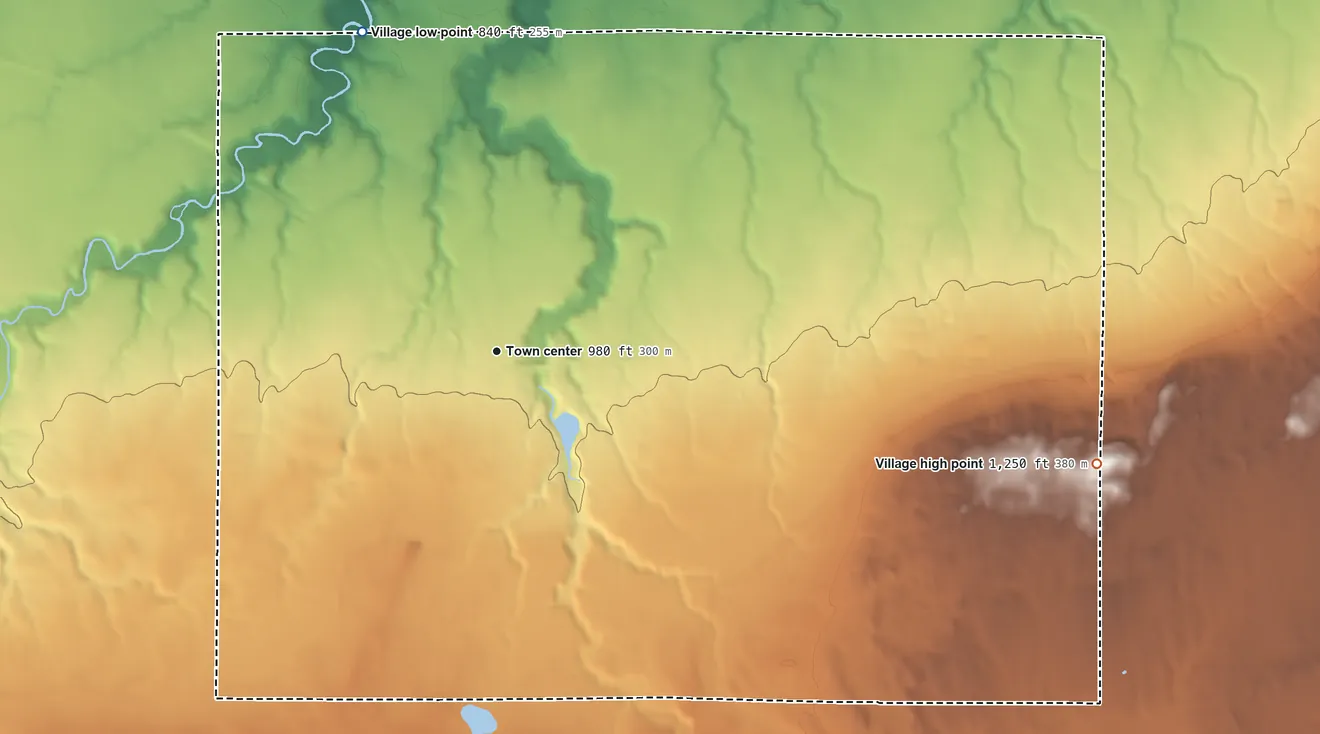 Topographic elevation map of Poplar, Wisconsin, shaded from 840 ft on the northwest side to 1,250 ft on the east side