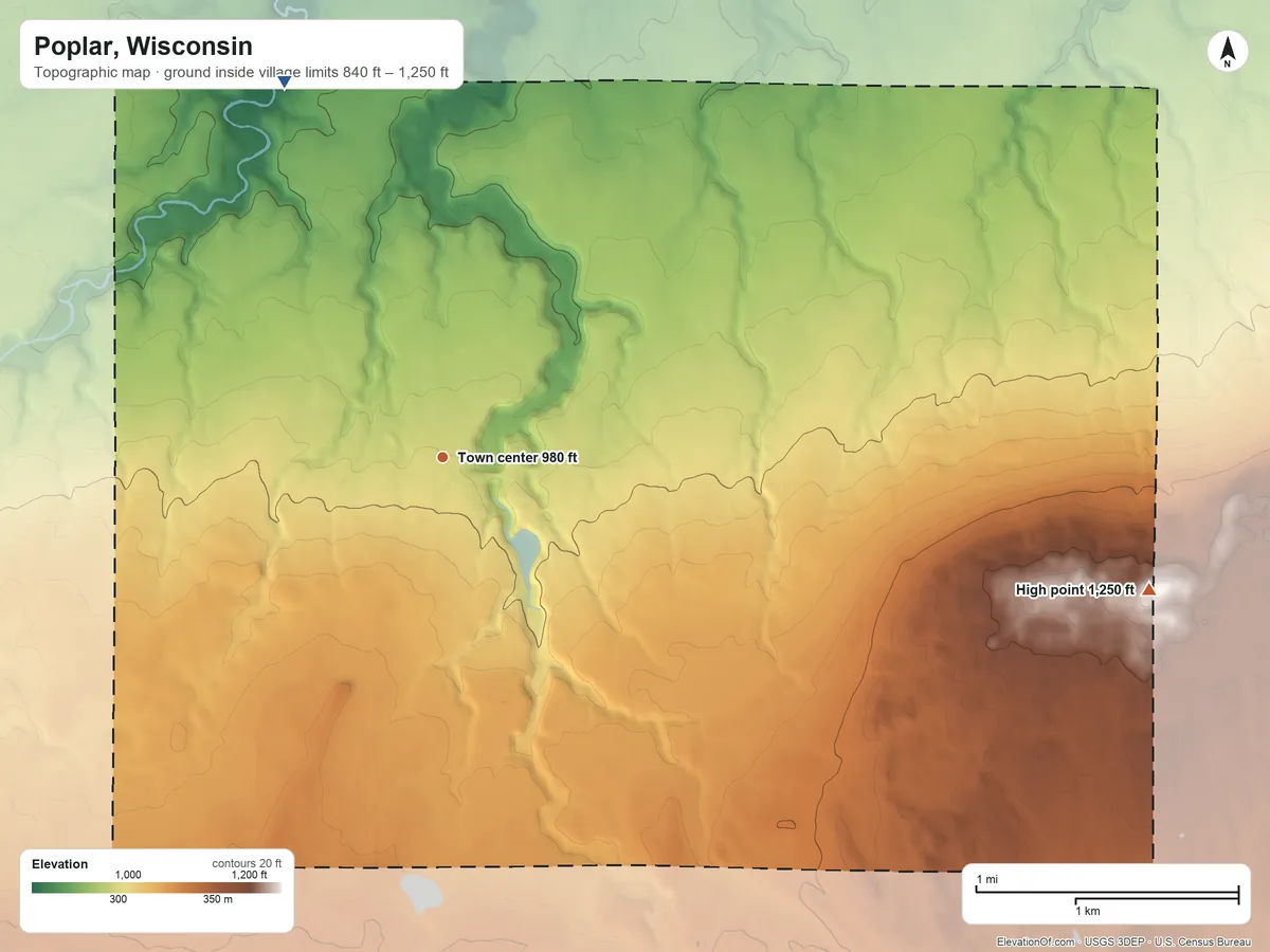 Topographic elevation map of Poplar, Wisconsin, shaded from 840 ft on the northwest side to 1,250 ft on the east side