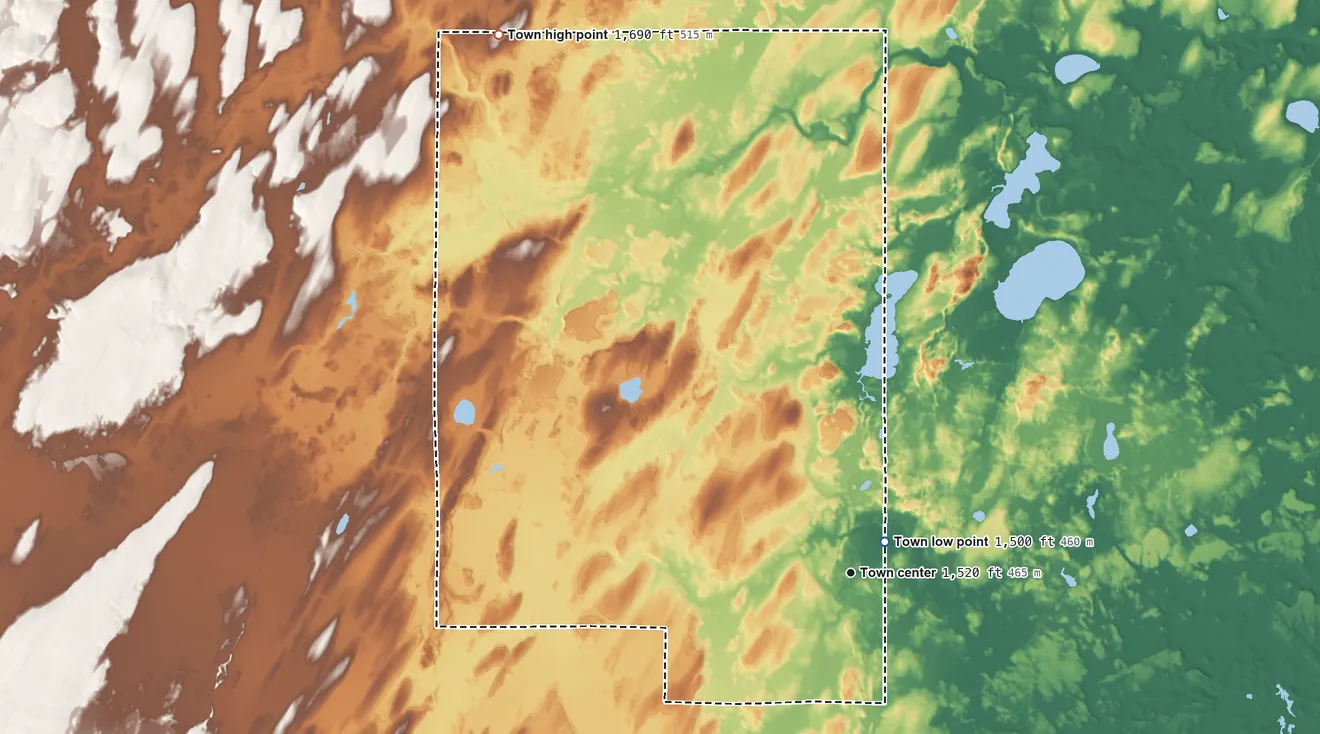 Topographic elevation map of Popple River, Wisconsin, shaded from 1,500 ft near the middle to 1,690 ft on the northwest side